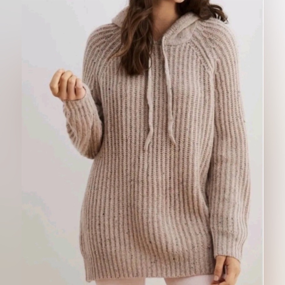 Aerie Oversized Open Road Loose Knit Wool Blend Tan Peach Hooded Sweater Size M